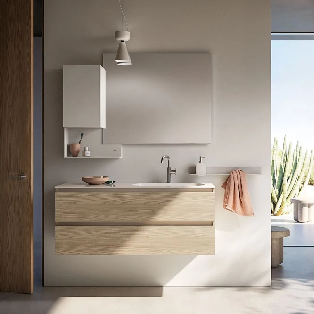 IBEY 528 base sospesa frassino naturale con lavabo in Idealcryl lucido di Ideal Bagni